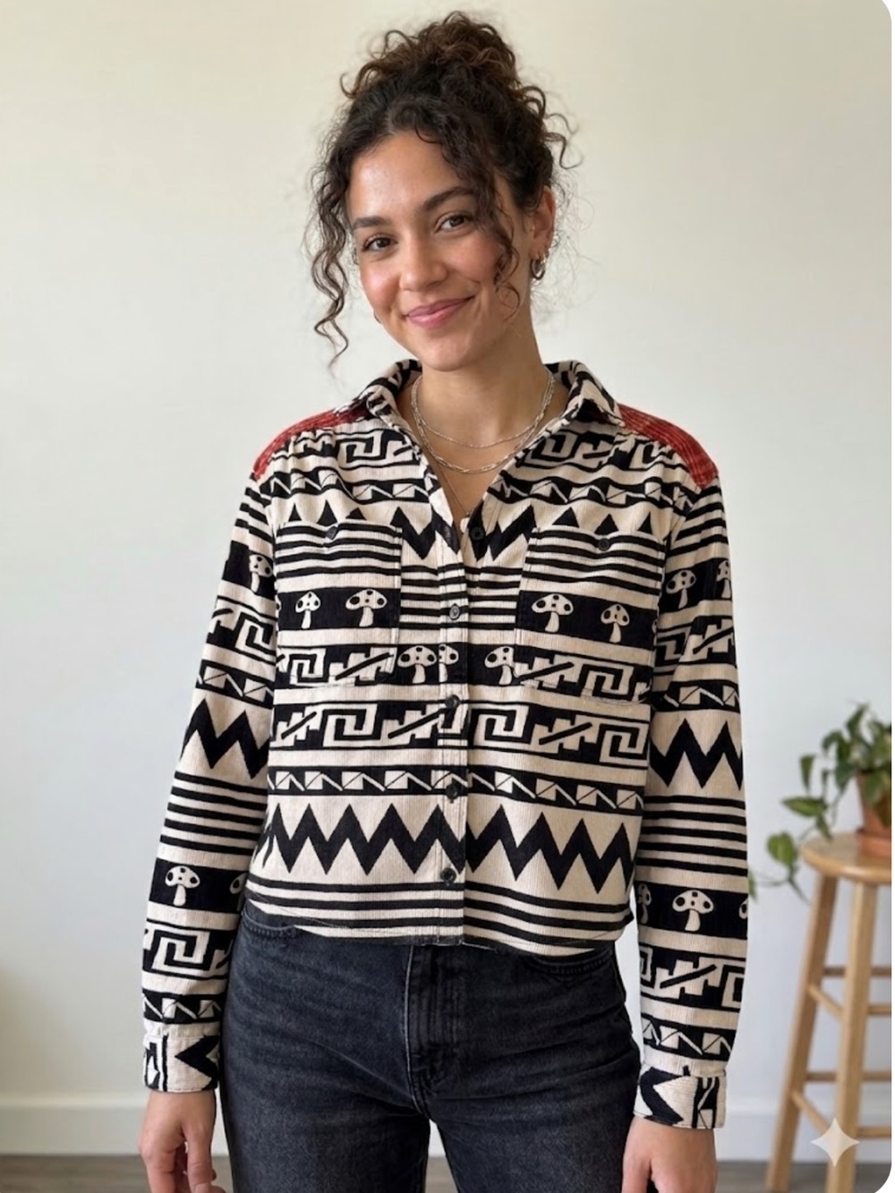 BDG Red Plaid-Lined Top with Black Graphic Detail - Picture 1 of 7